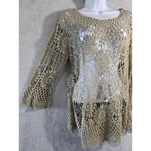 EUC Ultra Pink Blouse Womens Medium Beige Crochet Beach Coastal Festival Concert